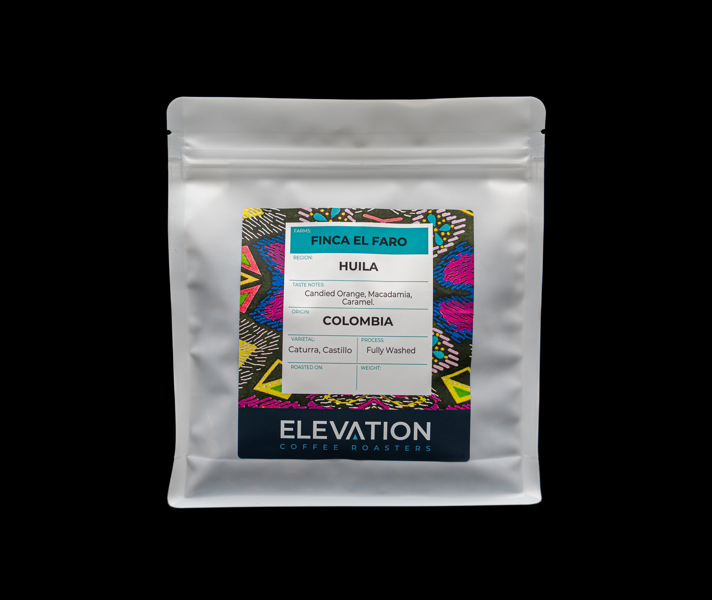 Coffee package with colorful label on a white background